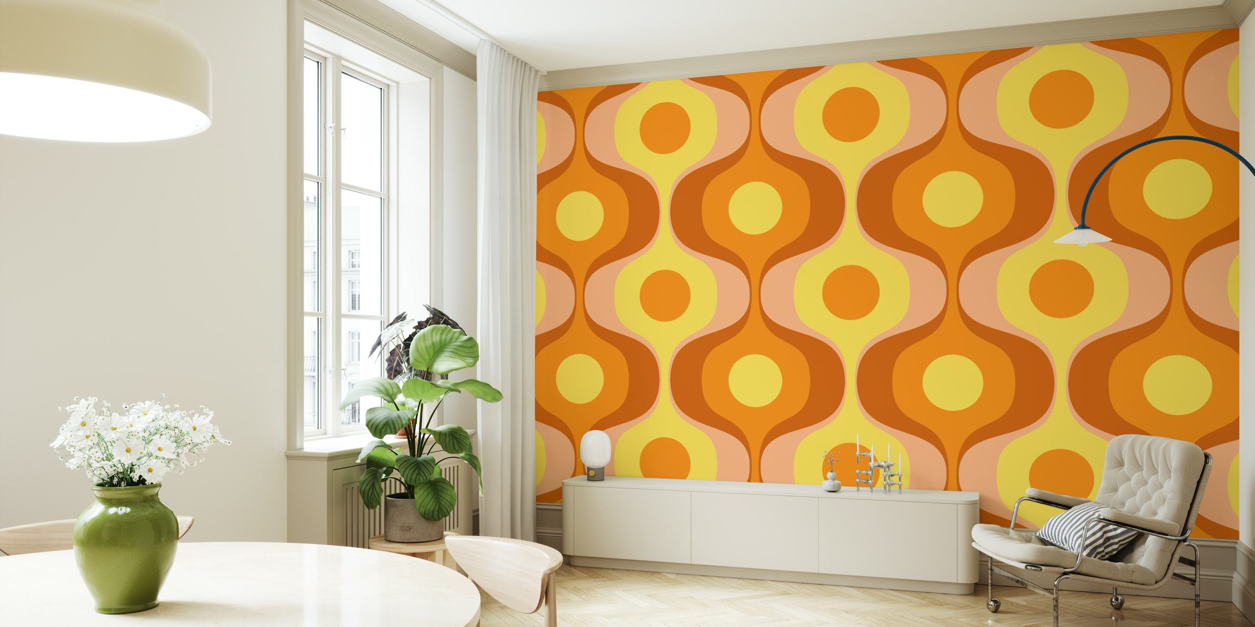 Gul och orange retro 70-tals-stil geometriskt mönster väggmålning